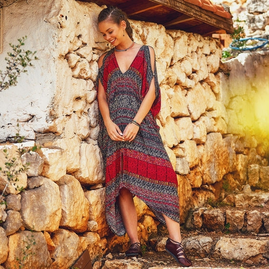 V Neck Cold Shoulder Loose Fit Gypsy Style Summer Dress