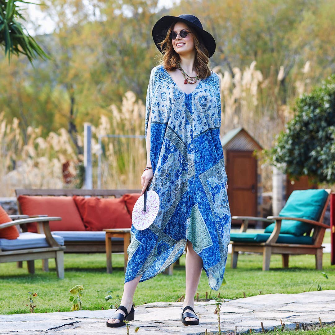 Blue Patterned Low Back Bohemian Summer Dress