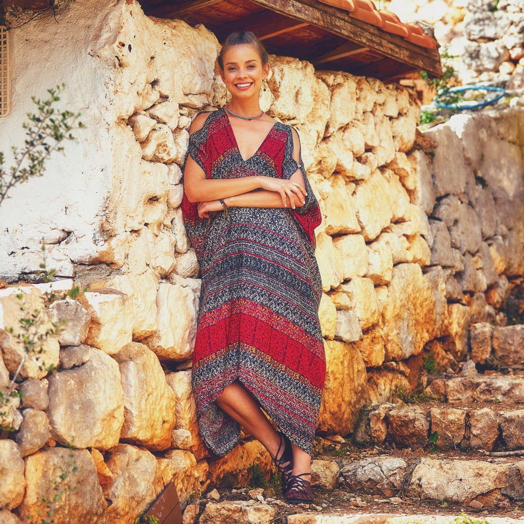 V Neck Cold Shoulder Loose Fit Gypsy Style Summer Dress