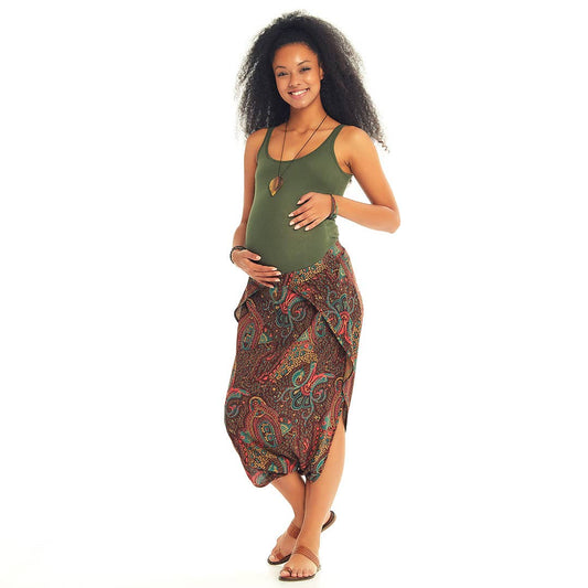 Ethnic Print Low Rise Brown Capri Skirt Maternity Pants