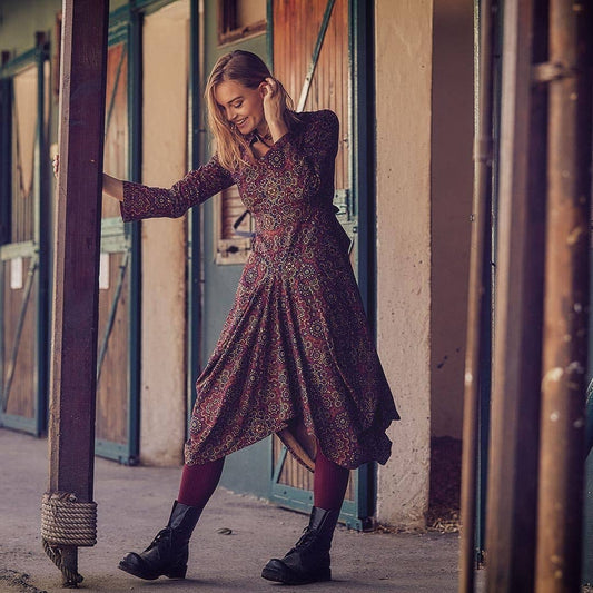 Retro Printed Asymmetrical Hem Long Sleeve Dress
