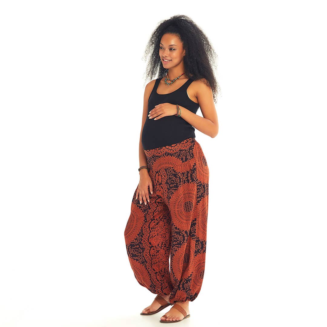 Orange Patterned Elastic Waist Hem Mid Rise Maternity Pants