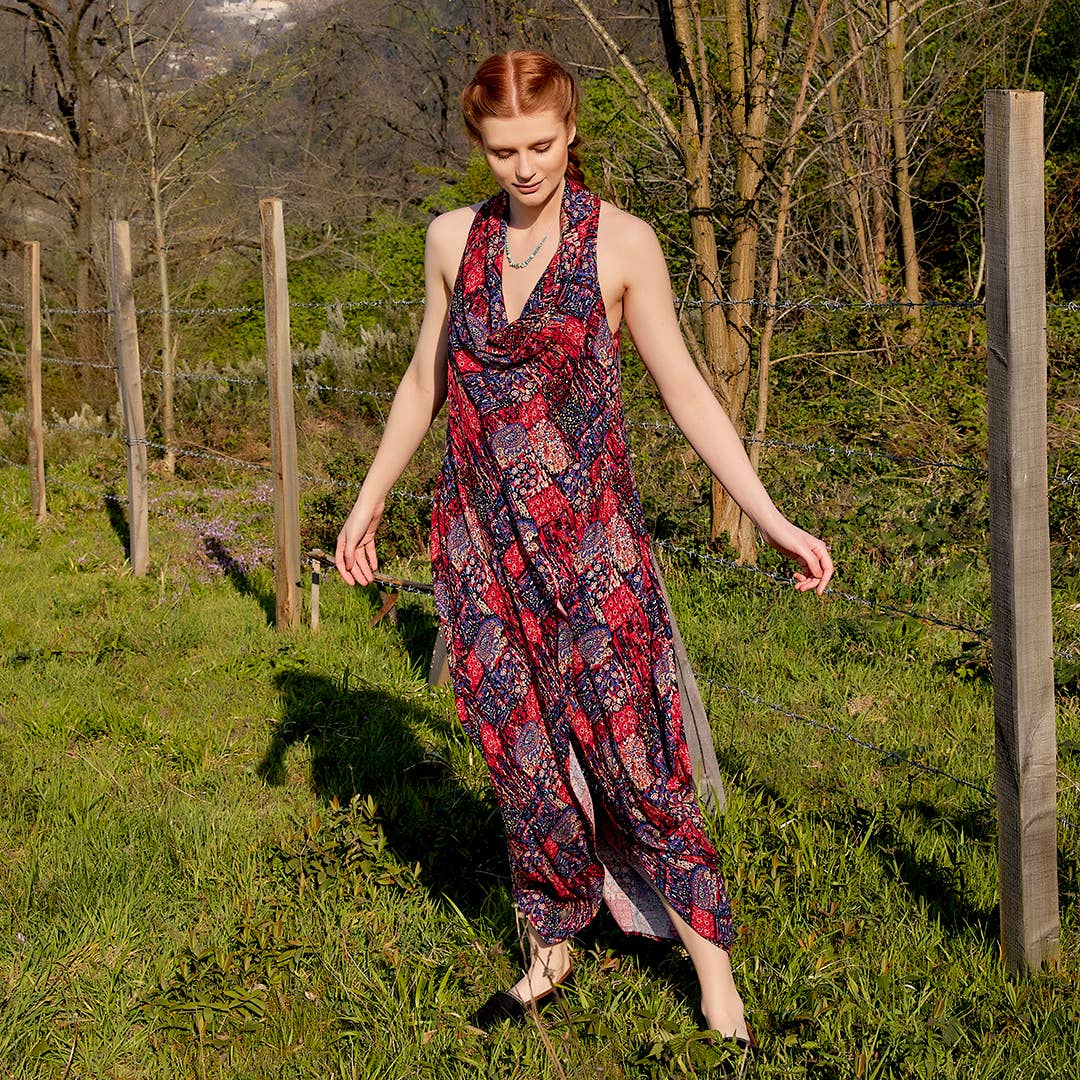 Bohem Authentic Degaje Neck Red Patterned Dress