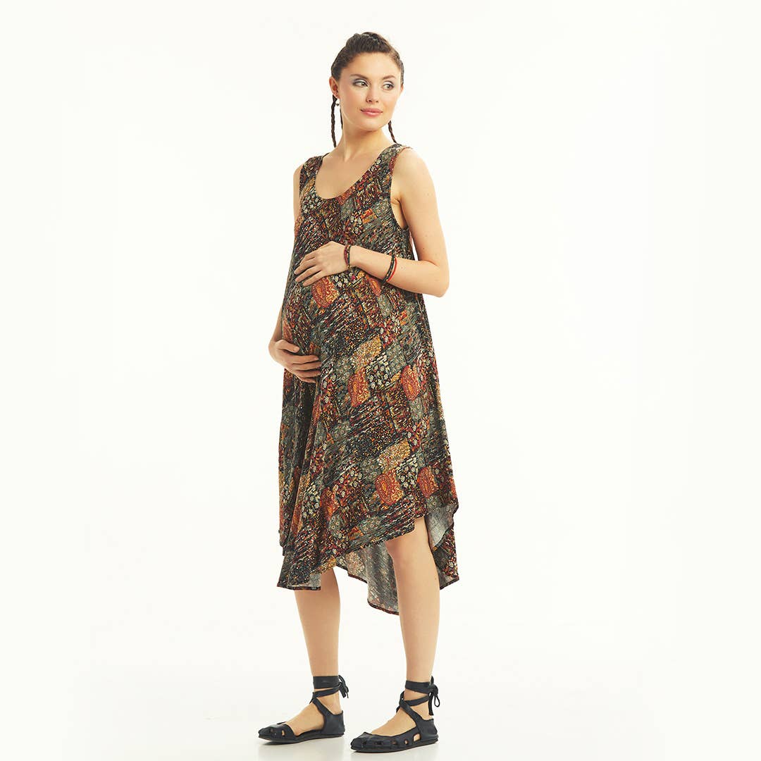 Khaki Scoop Neck Round Hem Sleeveless Maternity Dress