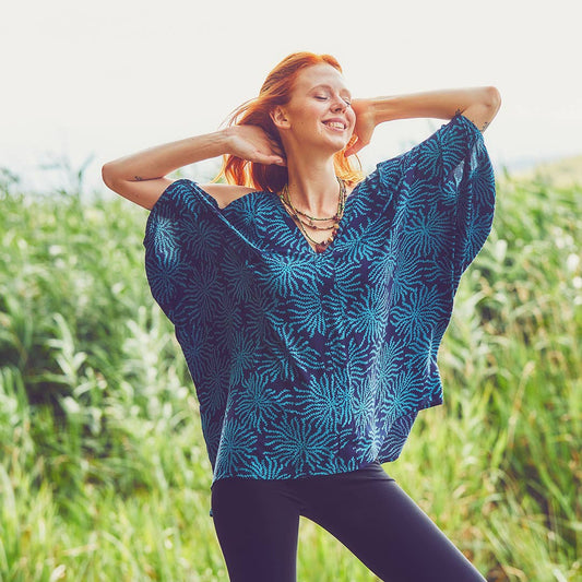 Hem Detailed Cold Shoulder Blue Tunic Top