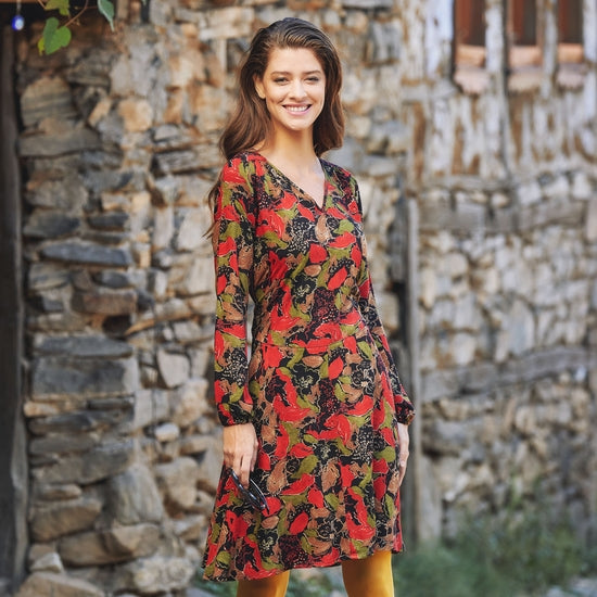 Sash Detailed V Neck Long Sleeve Flared Red Leaf Dress
