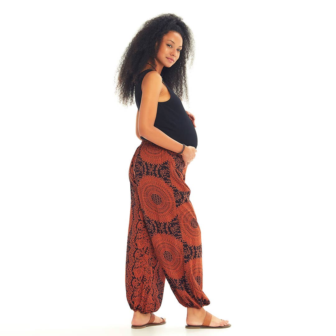 Orange Patterned Elastic Waist Hem Mid Rise Maternity Pants