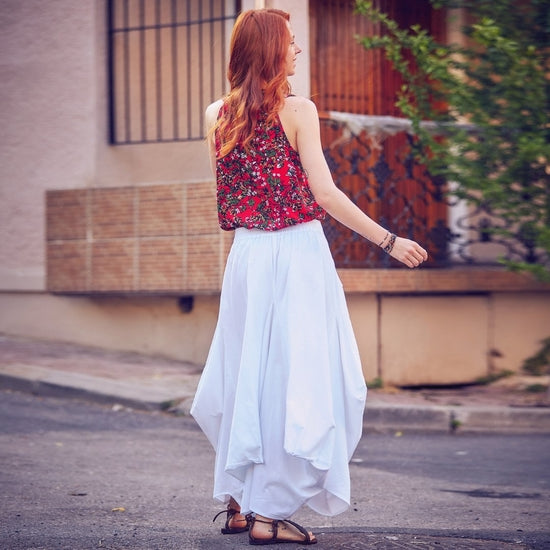Oversized Pocket Detailed Tie Waist Boho Chic White Long Skirt