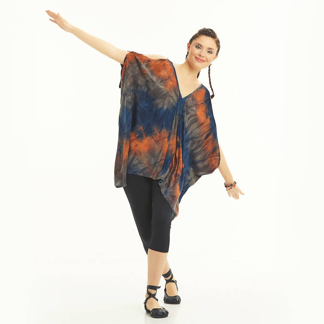 Boat Neck Loose Open Shoulder Blue Dye Blouse