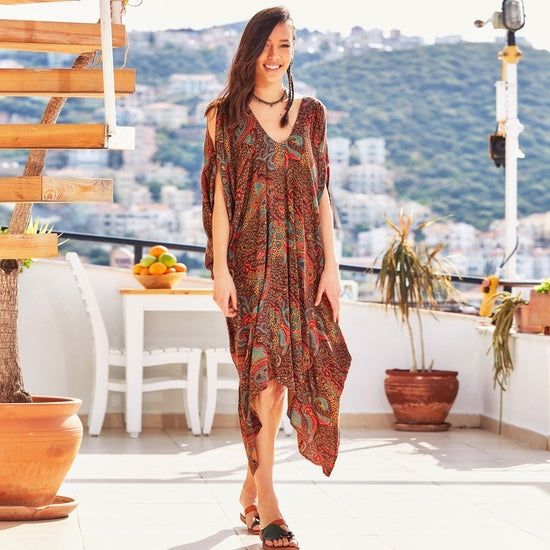 Ethnic Print Deep V Neck Loose Fit Bohem Cold Shoulder Dress