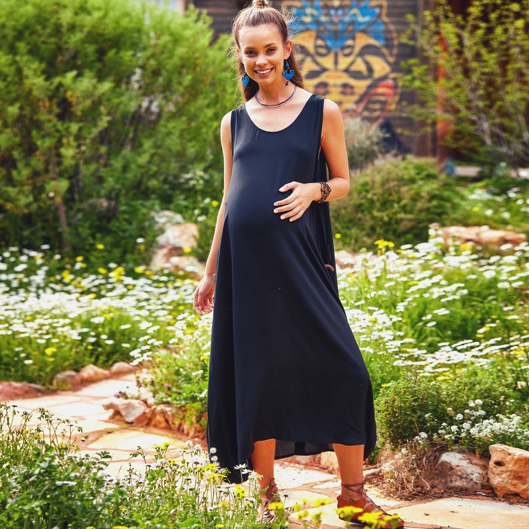 Buttoned Pockets Scoop Neck Loose Maternity Dress