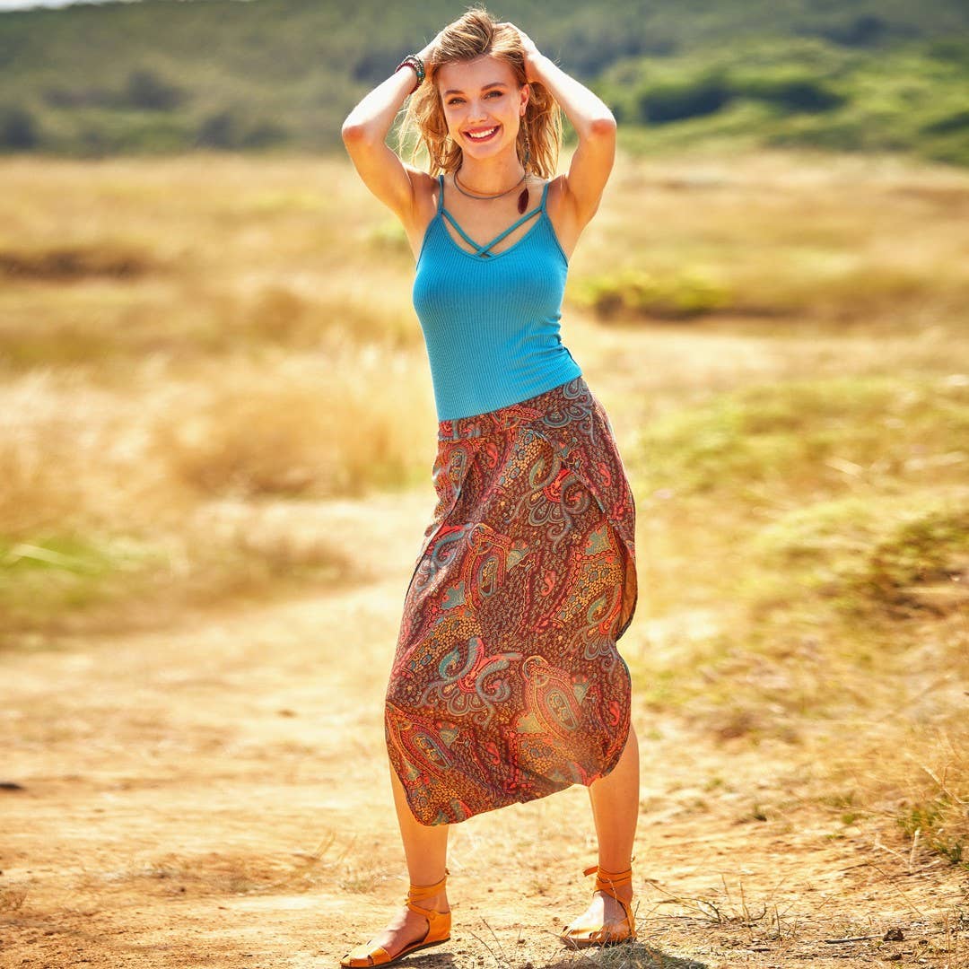 Ethnic Print Low Rise Brown Capri Skirt Pants