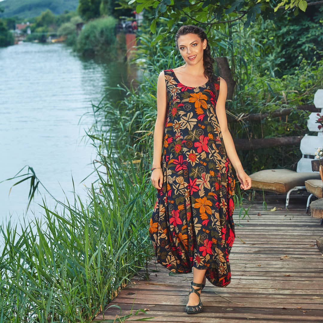 Floral Print Scoop Neck Loose Fit Black Maxi Dress