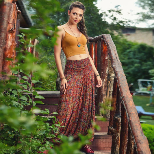 Retro Print Wide Shirred Waist Boho Style Harem Pants