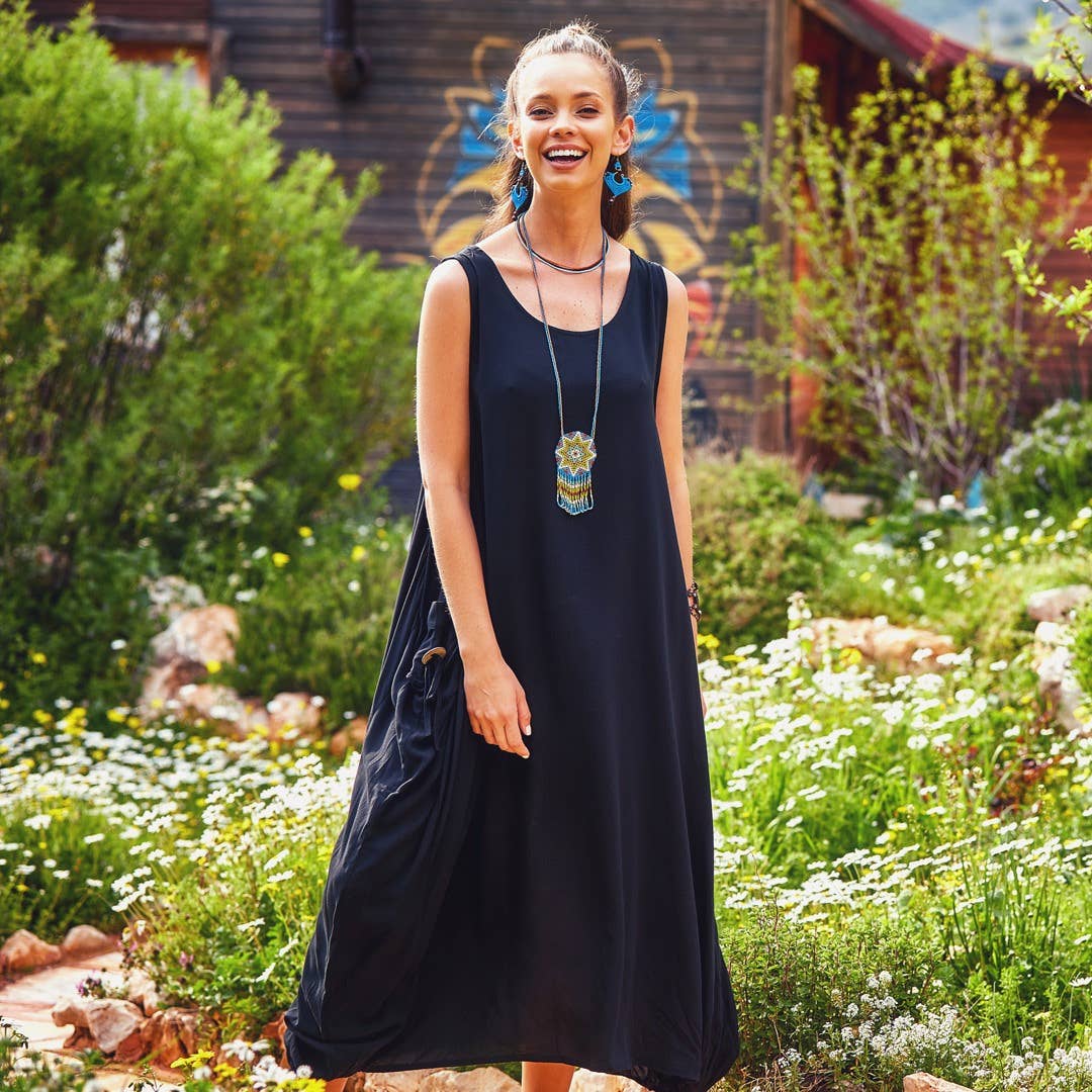 Sleeveless Pocket Detailed Boho Black Loose Fit Long Dress