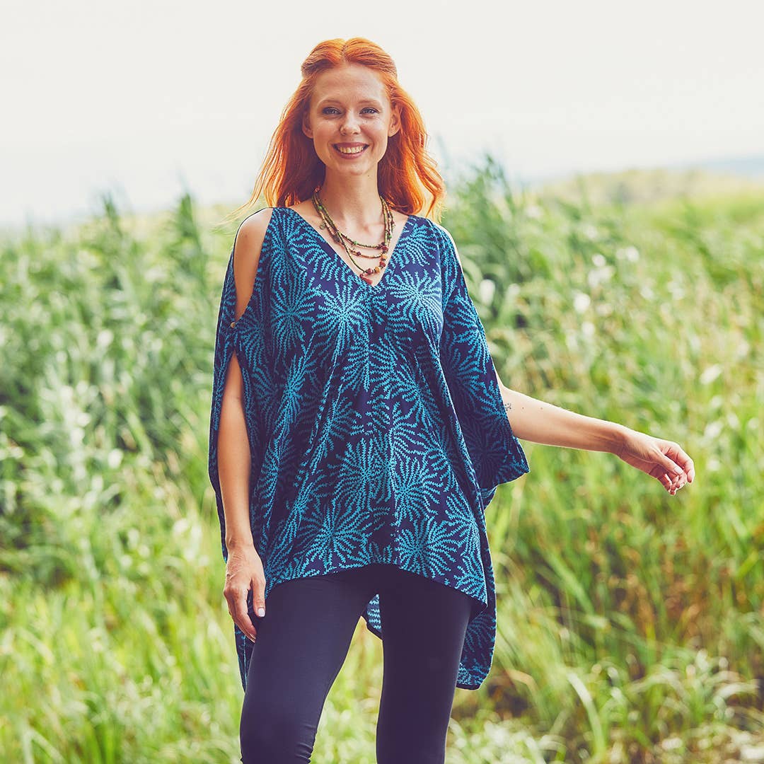 Hem Detailed Cold Shoulder Blue Tunic Top