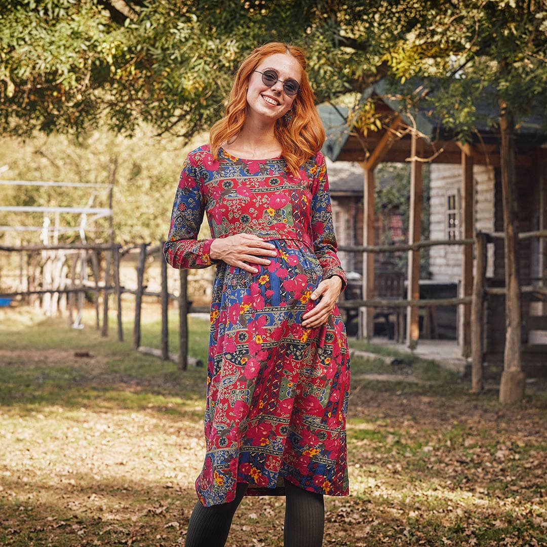 Floral Print Boat Neck MidLength Long Sleeve Maternity Dress