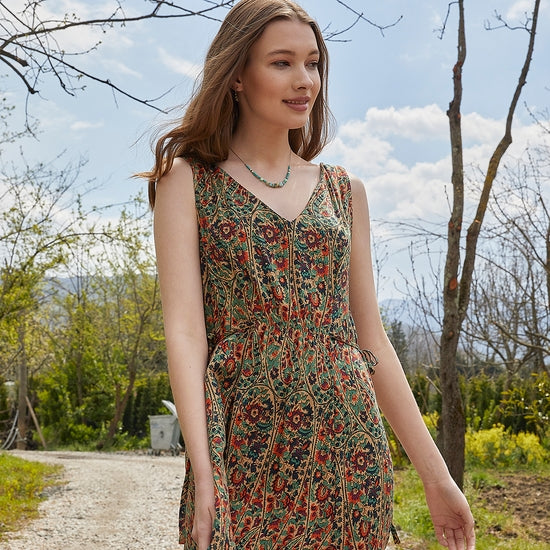 Authentic Green Patterned Boho Chic Summer Day Dress