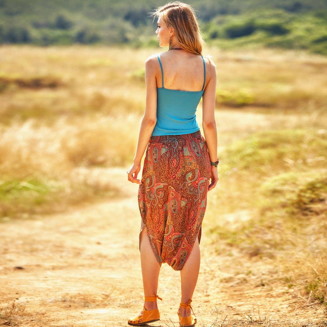 Ethnic Print Low Rise Brown Capri Skirt Pants