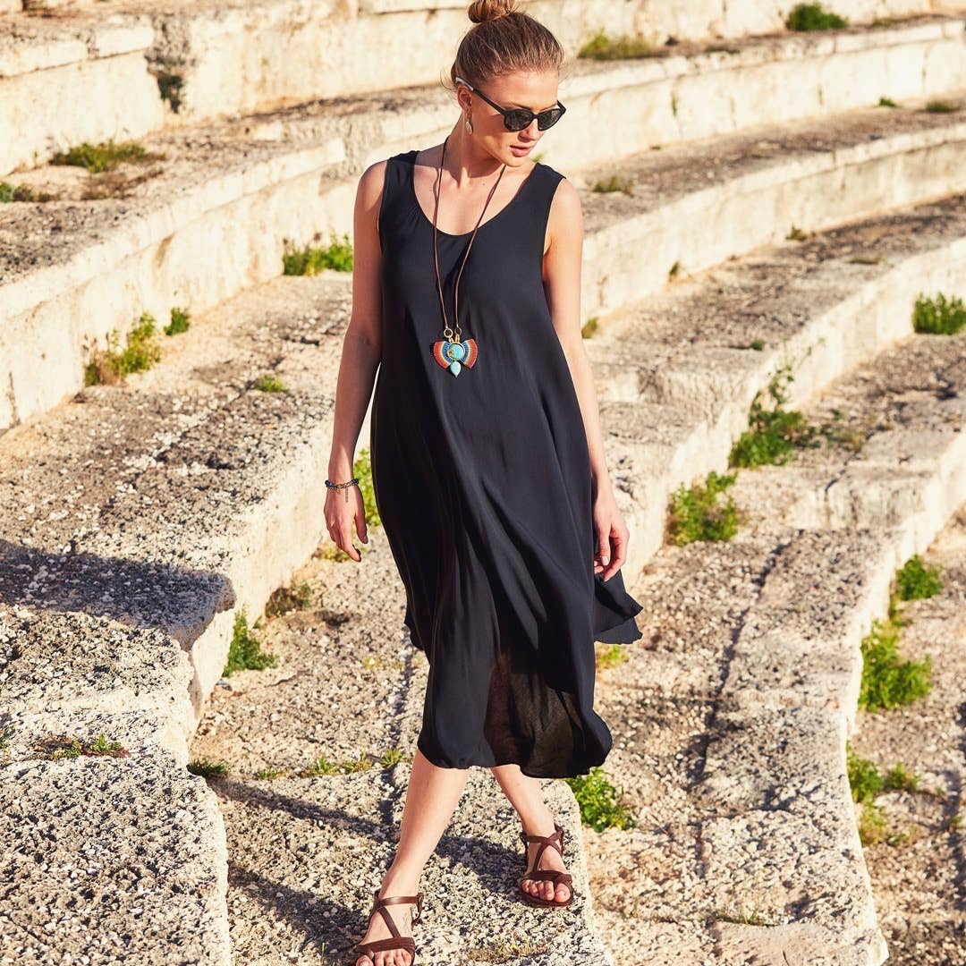 Bohemian Boat Neck Bolt Cut Gypsy Midi Black Dress