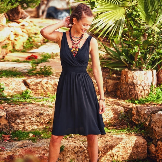 Double Breasted Neck Strappy Bohemia Black Sundress