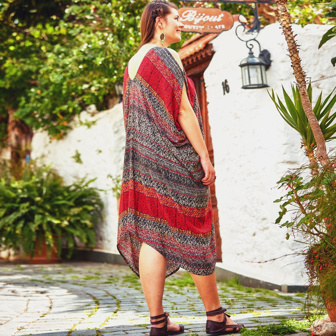 Ethnic Print Bohemian V Neck Cold Shoulder Plus Size Dress