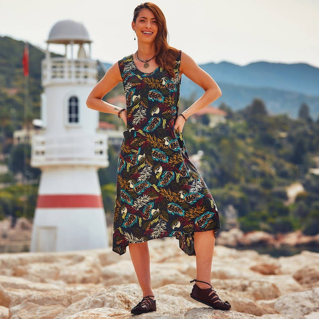 Amazon Print Binding Detail Sleeveless Black Dress