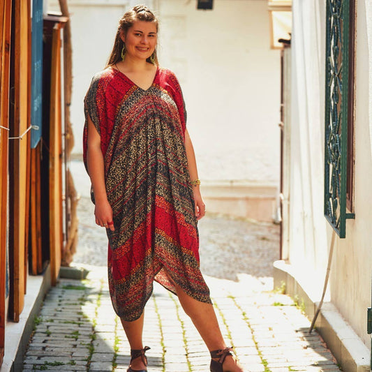 Ethnic Print Bohemian V Neck Cold Shoulder Plus Size Dress