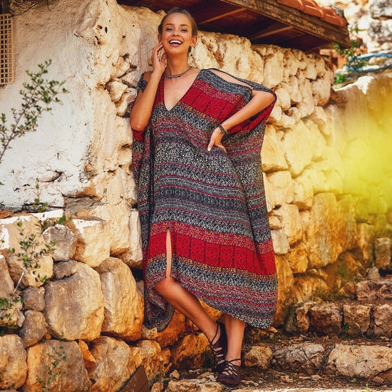 V Neck Cold Shoulder Loose Fit Gypsy Style Summer Dress