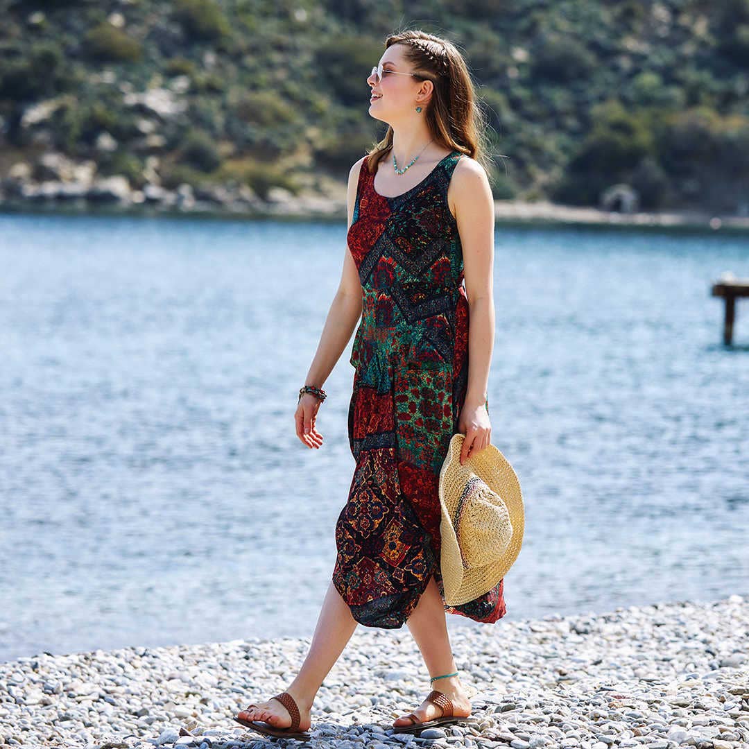Black Print Round Neck Sleeveless Tie Waist Boho Long Dress