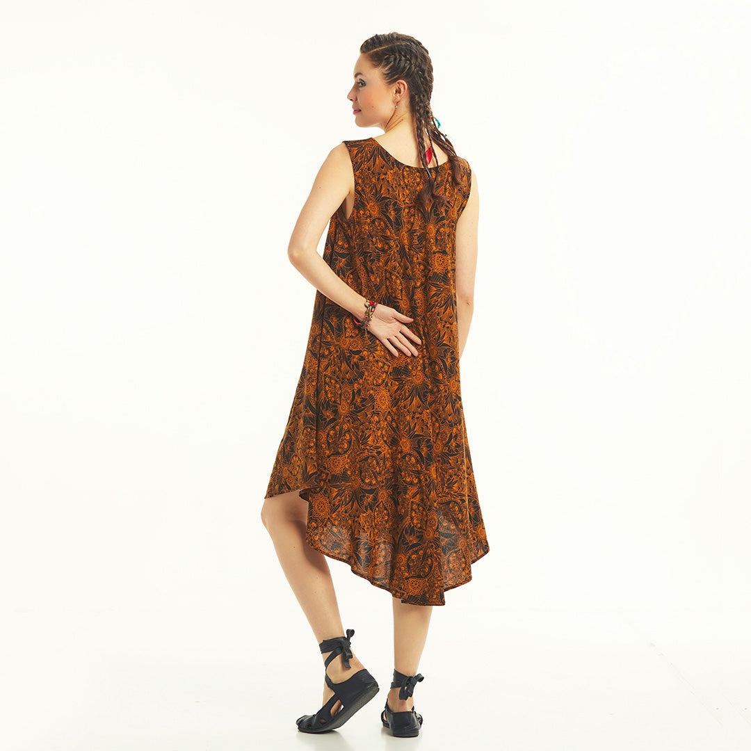 Orange Patterned Scoop Neck Hem Sleeveless Maternity Dress