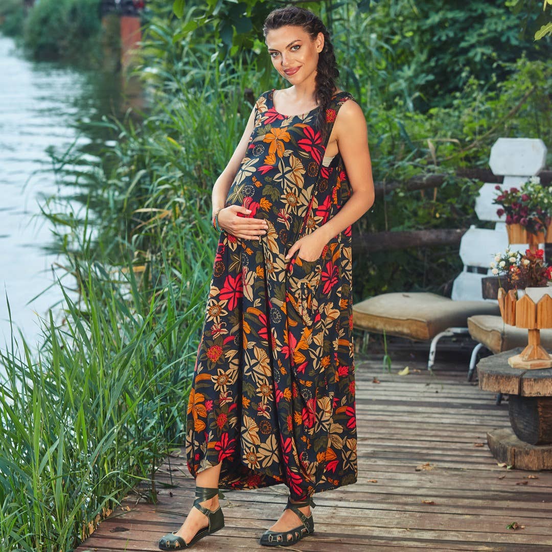 Buttoned Pockets Sleeveless Loose Fit Floral Maternal Dress