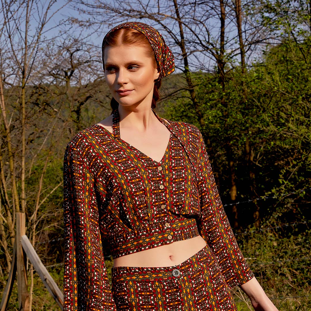 Shirred Back Long Sleeve Mustard Patterned Bohemian Crop Top