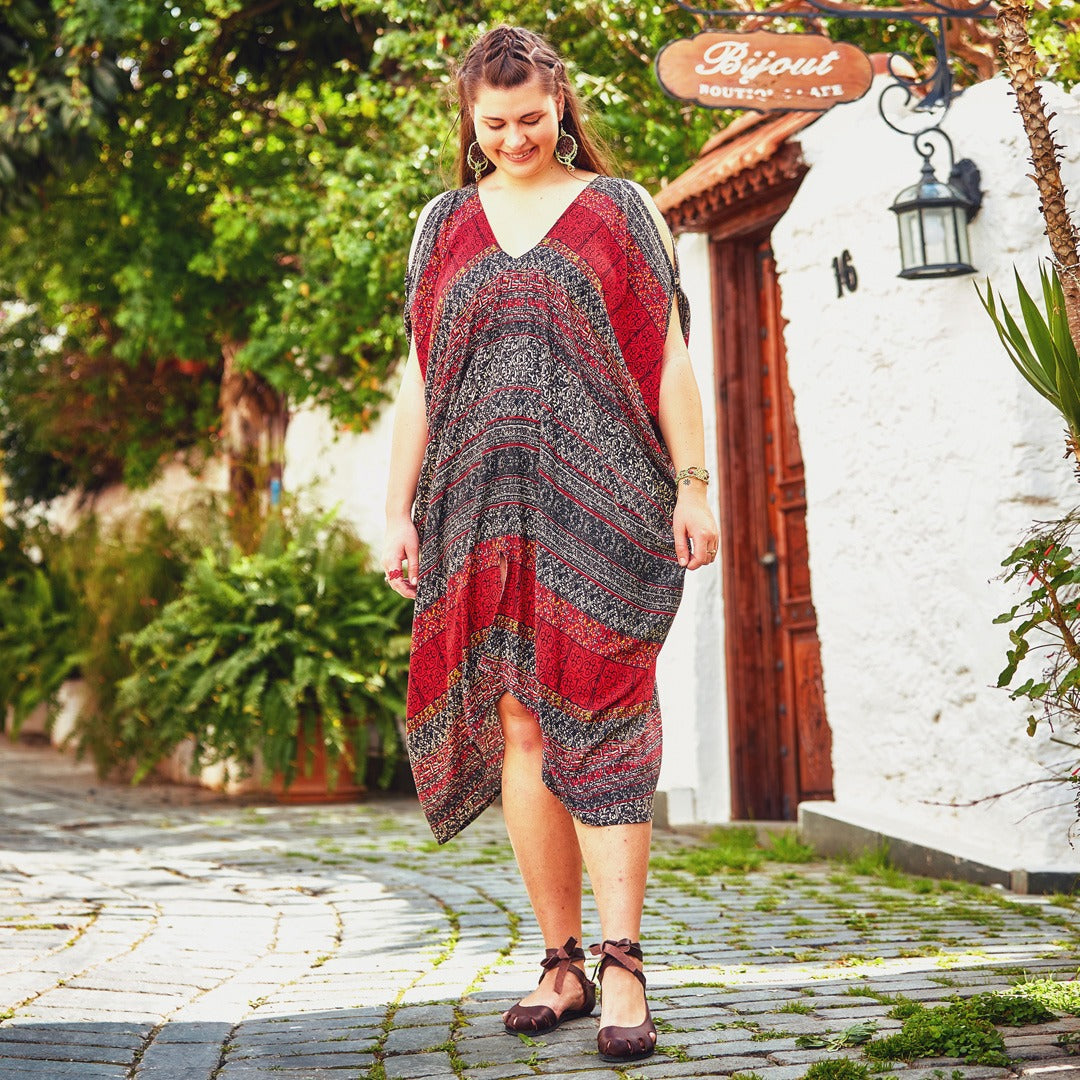Ethnic Print Bohemian V Neck Cold Shoulder Plus Size Dress