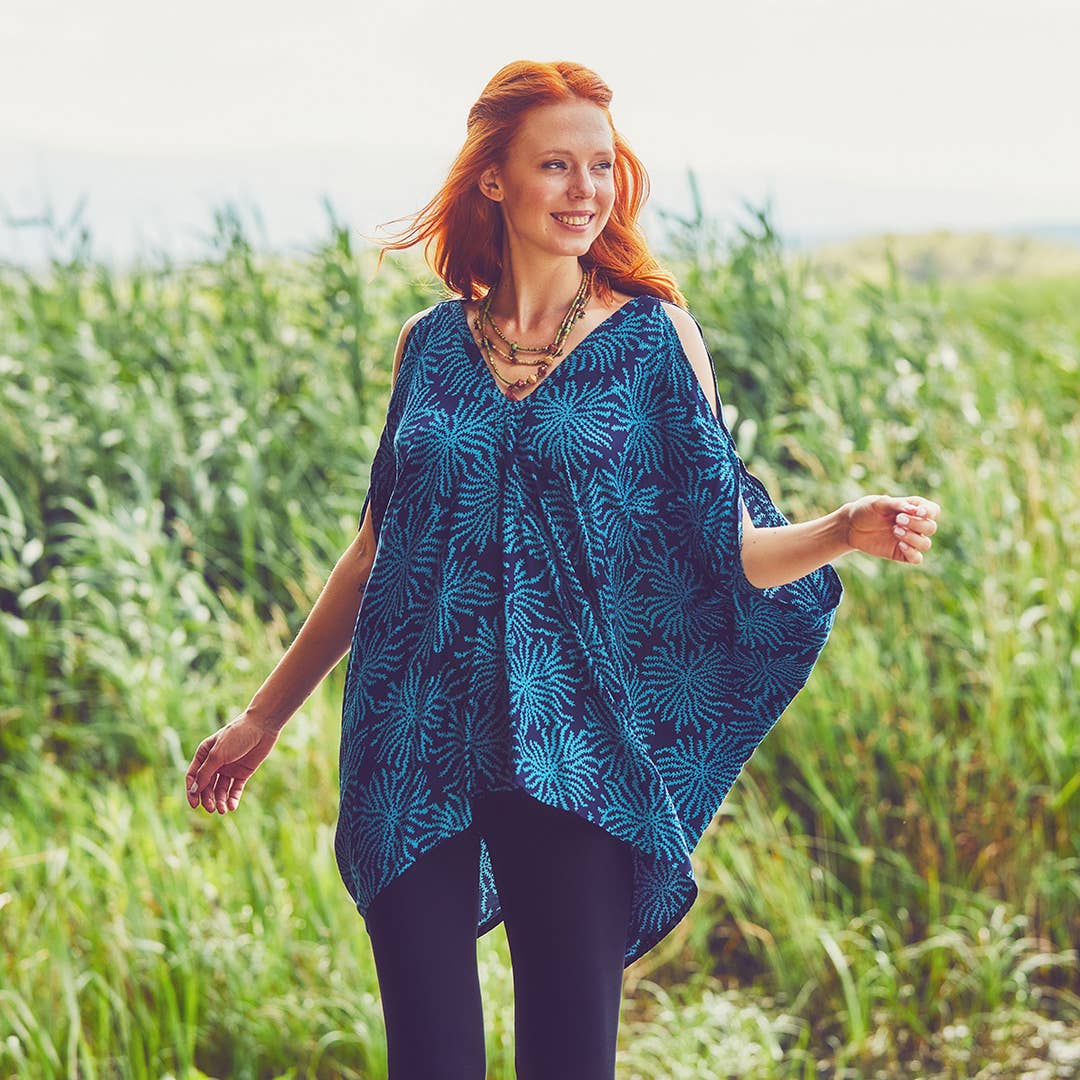 Hem Detailed Cold Shoulder Blue Tunic Top