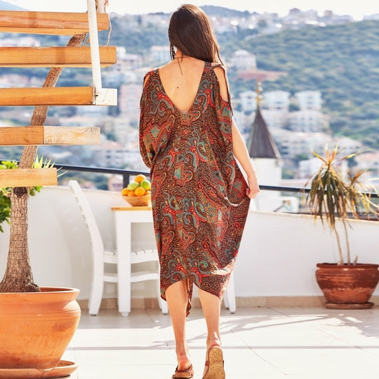 Ethnic Print Deep V Neck Loose Fit Bohem Cold Shoulder Dress
