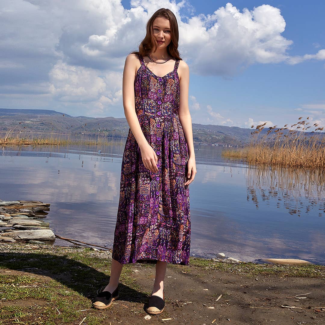 Bohemian Style Buttoned Wide Strap Long Purple Dress