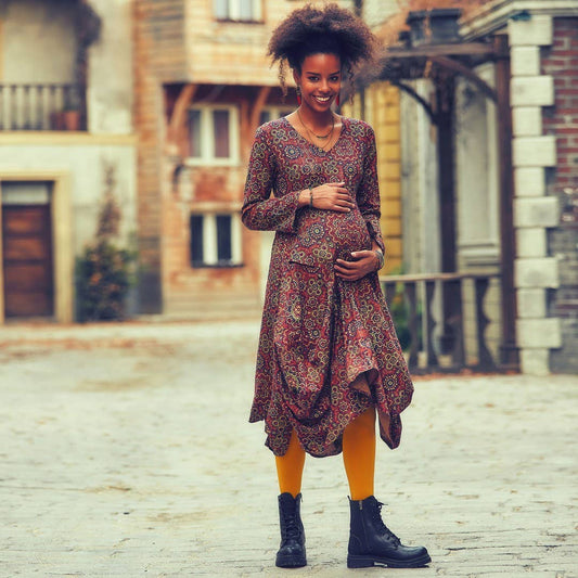 Retro Print V Neckline Long Sleeve Boho Maternity Dress