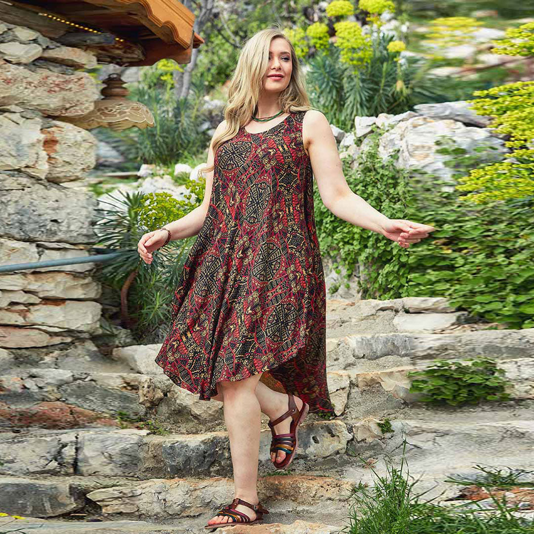 Ethnic Print Scoop Neck Round Hem Plus Size Dress