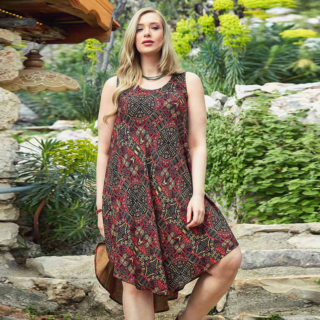 Ethnic Print Scoop Neck Round Hem Plus Size Dress