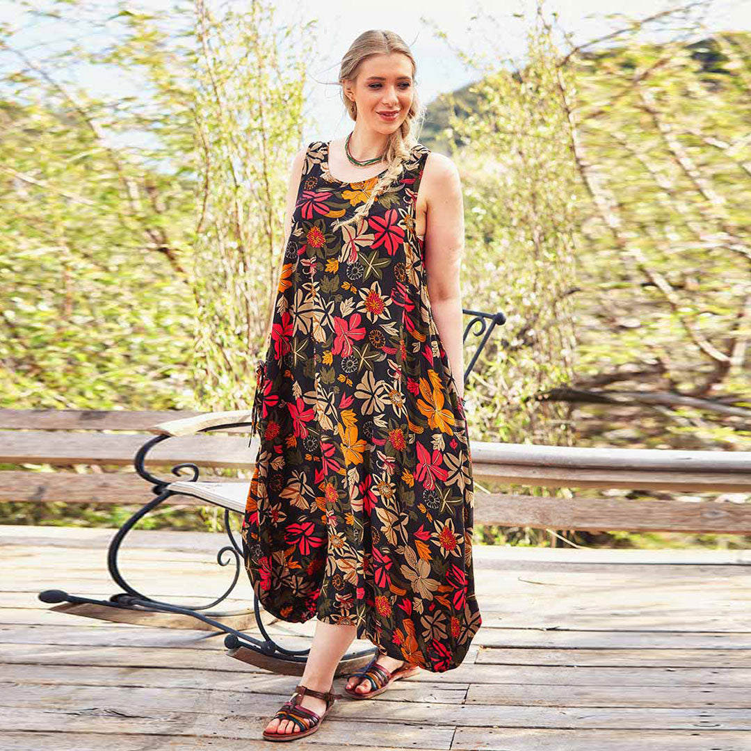 Oversize Buttoned Pockets Detail Floral Plus Size Dress