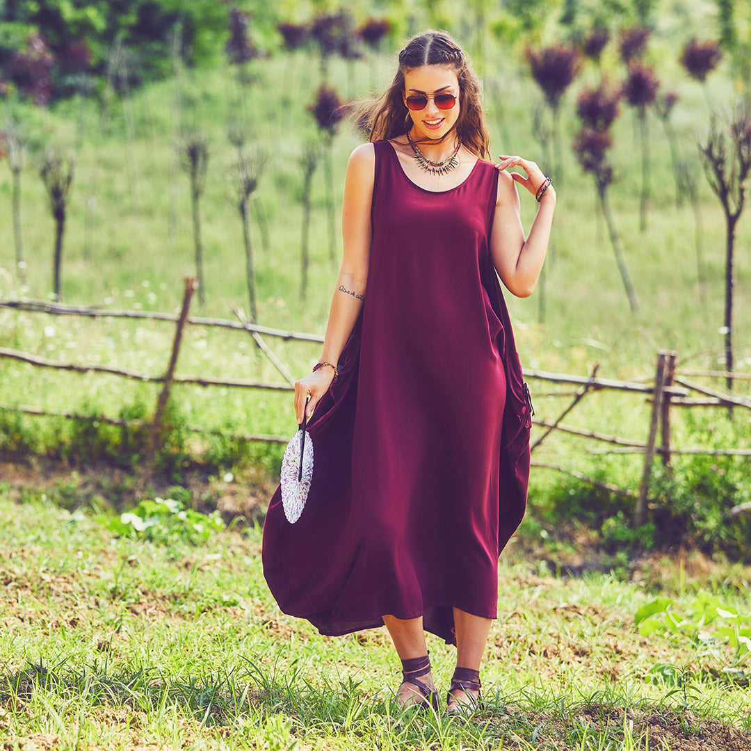 Bohemian Syle Scoop Neck Maxi Red Dress