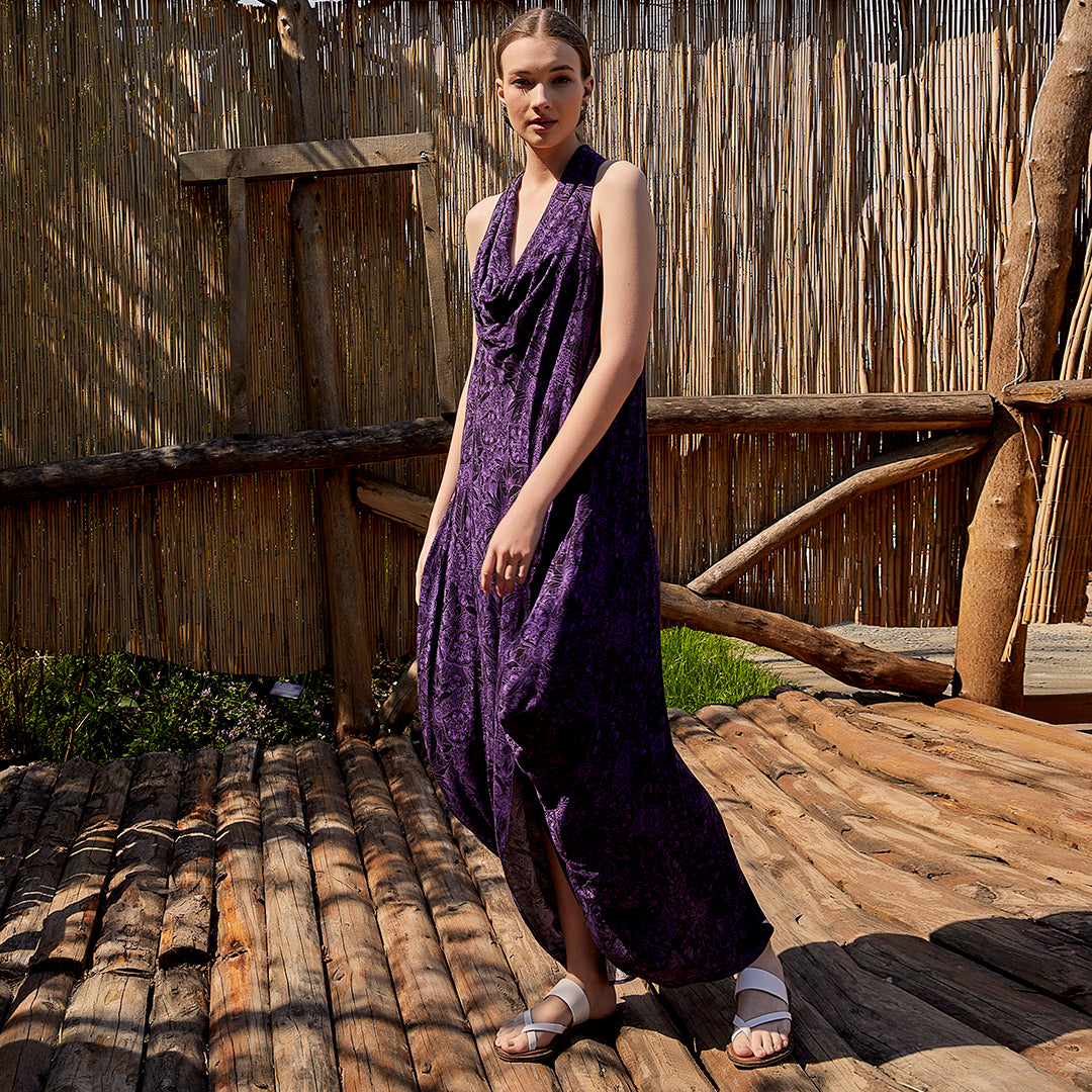 Bohemian Stylish Authentic Degaje Neck Purple Patterned Dress