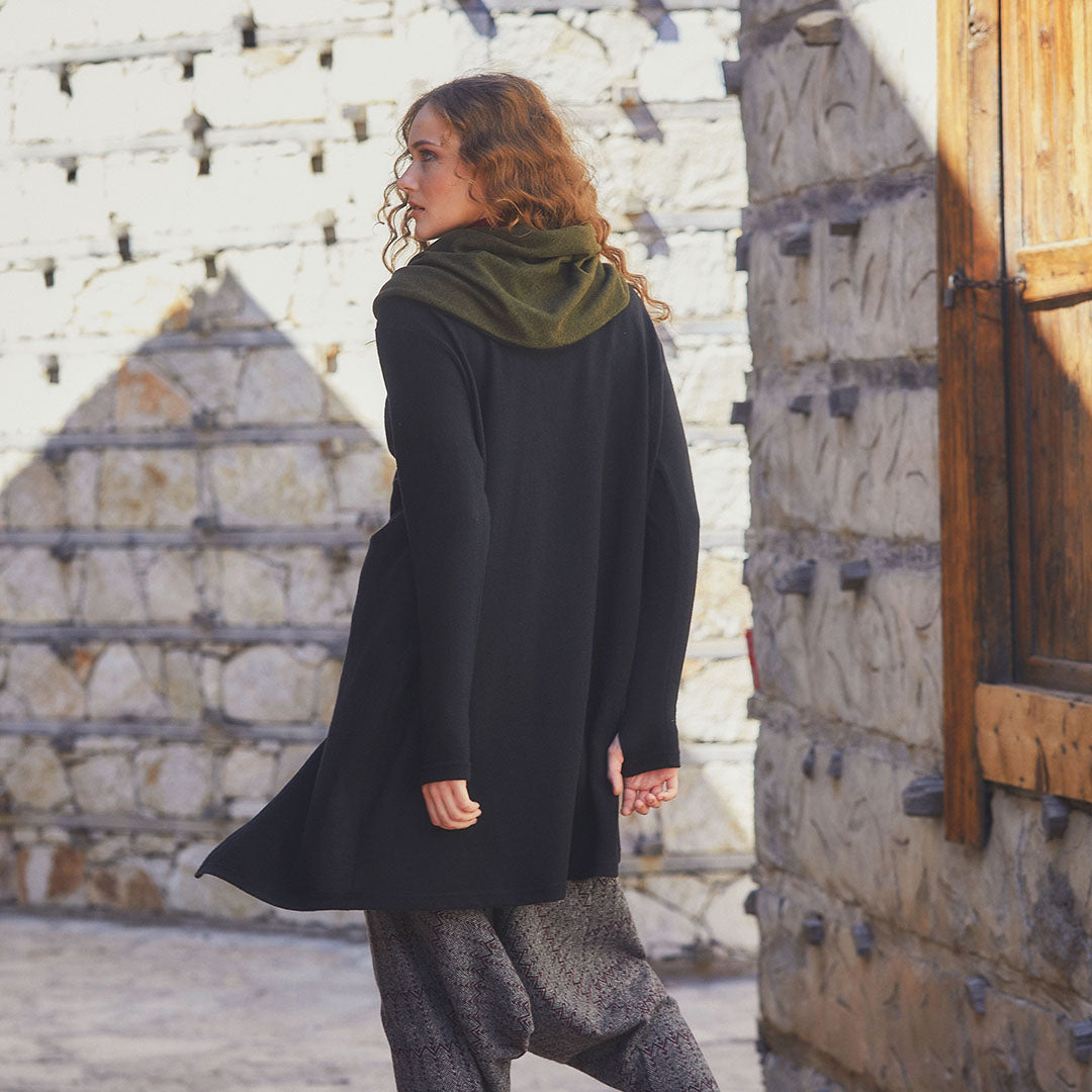 Thumb Hole Detailed Bohemian Style Hooded Long Black Cardigan Tops