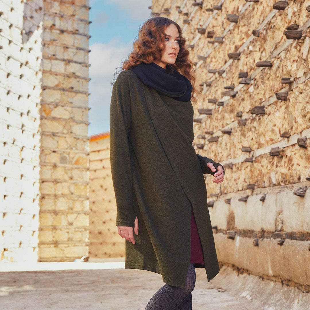 Thumb Hole Detail Bohemian Hooded Long Khaki Cardigan Tops