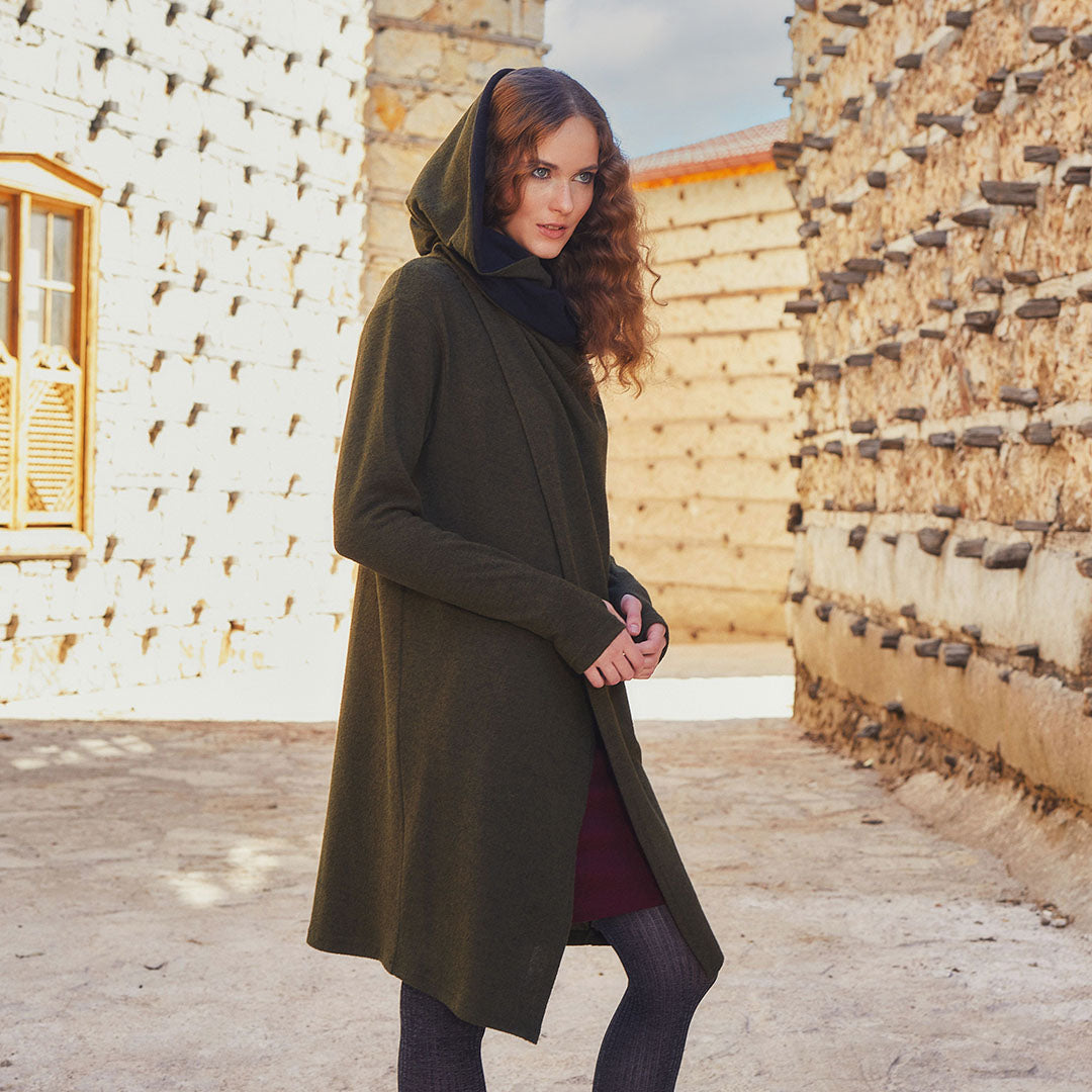 Thumb Hole Detail Bohemian Hooded Long Khaki Cardigan Tops