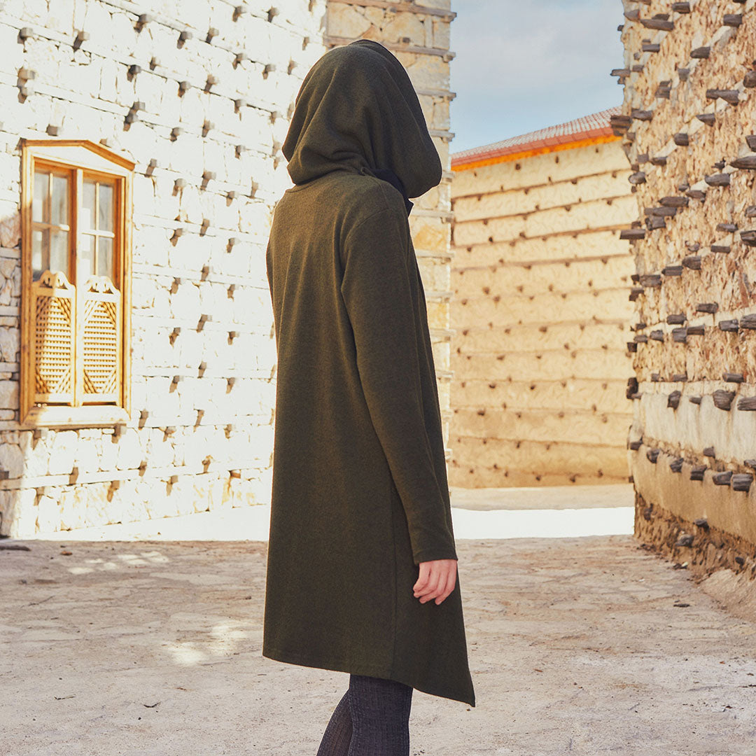 Thumb Hole Detail Bohemian Hooded Long Khaki Cardigan Tops