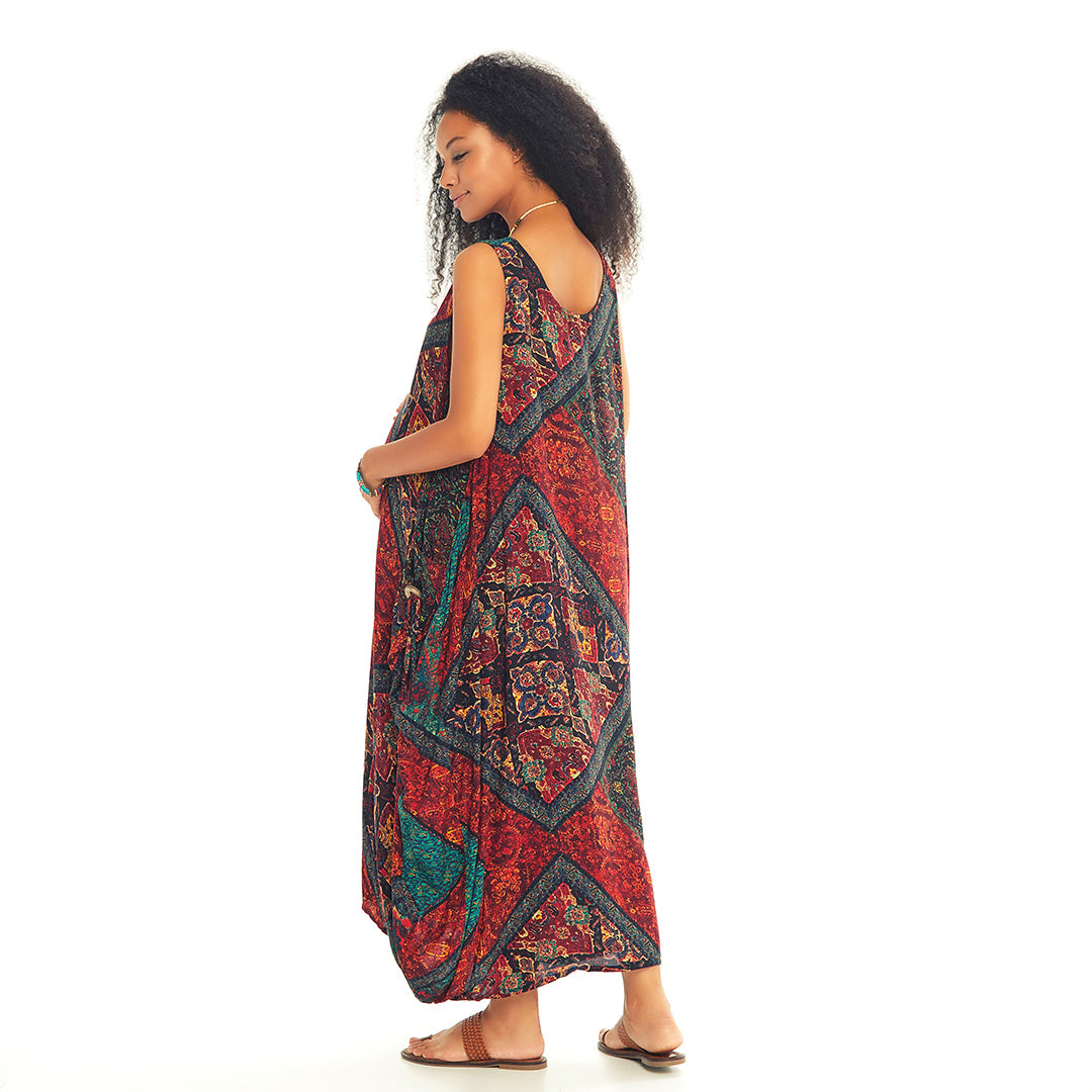 Ethnic Print Scoop Neck Loose Fit Boho Maternity Maxi Dress