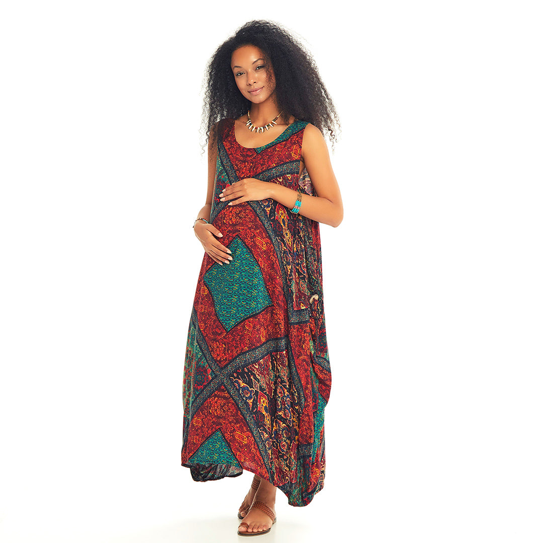 Ethnic Print Scoop Neck Loose Fit Boho Maternity Maxi Dress