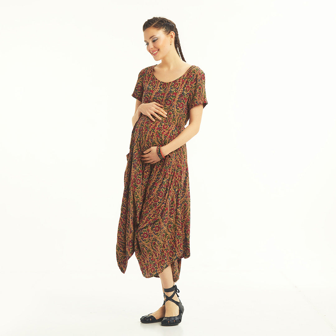 Half Sleeve Claret Red Patterned Long Maternity Dress